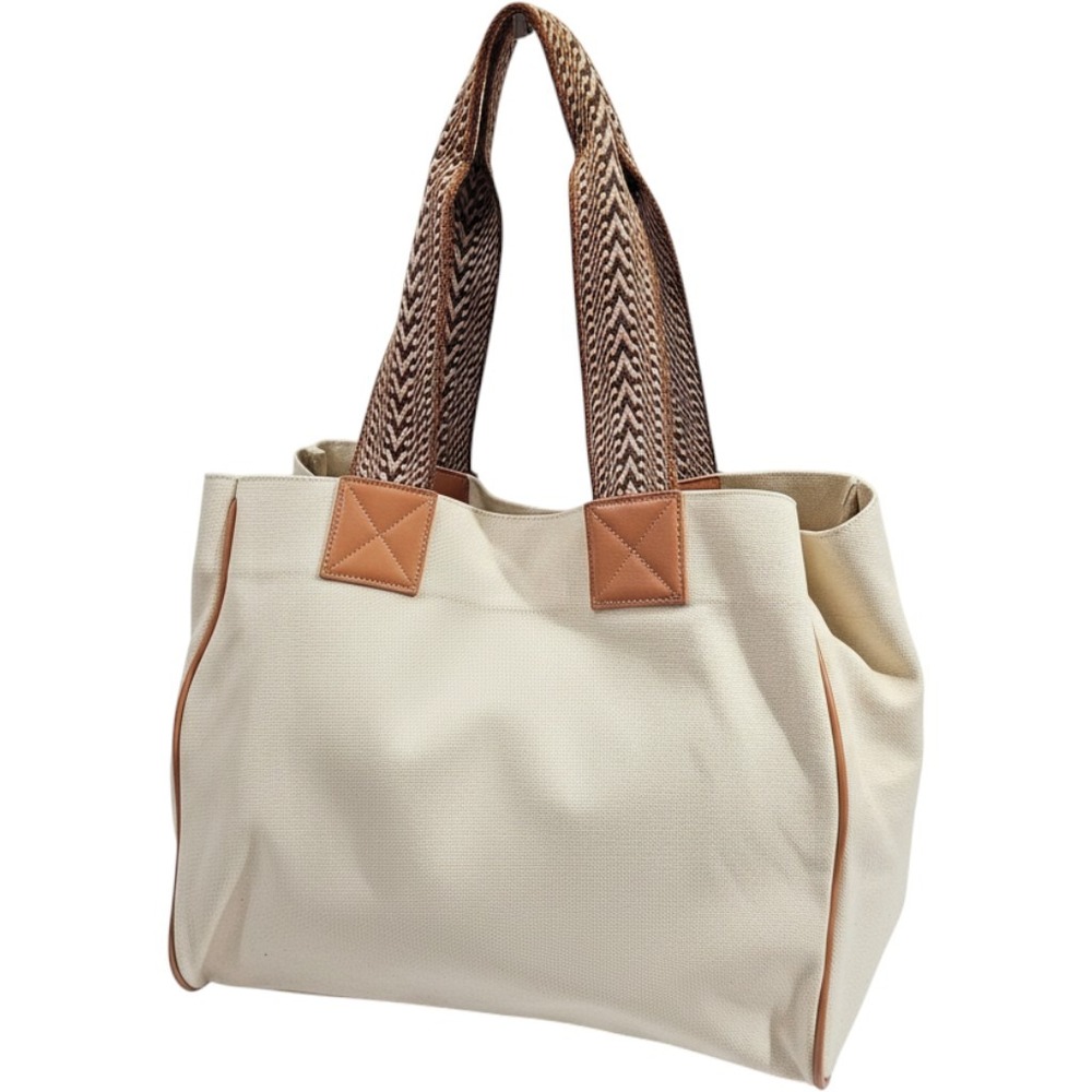 Unbranded Canvas Tote Bag Women XL Large Beige Chevron Woven Strap Leather Trim